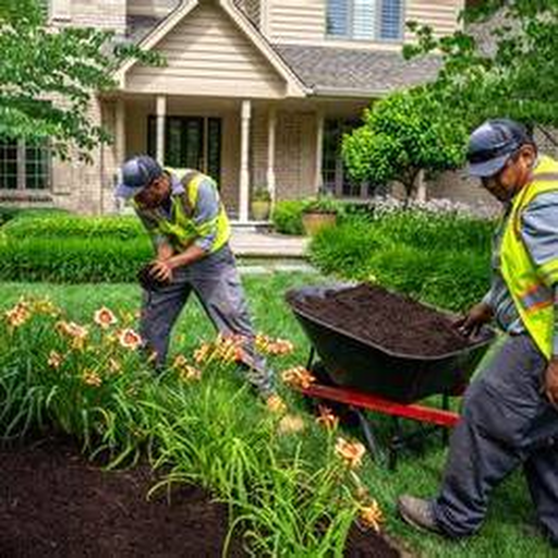 Real garden care with workers tending flower beds and landscaped planting areas