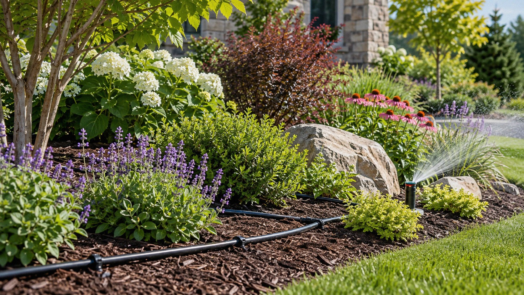 Planting and garden improvements with visible irrigation system