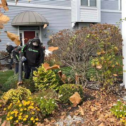 Real property maintenance with seasonal yard cleanup around a landscaped property